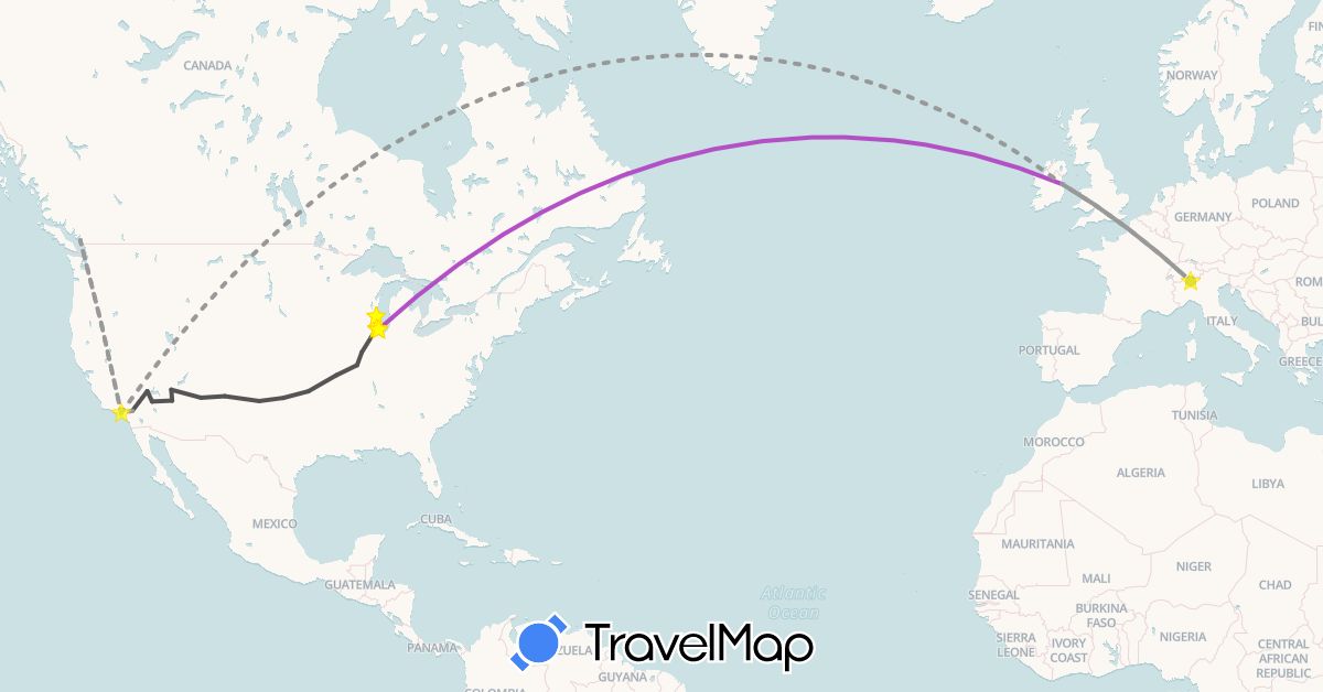 TravelMap itinerary: bus, plane, train, motorbike in Canada, Switzerland, Ireland, United States (Europe, North America)
